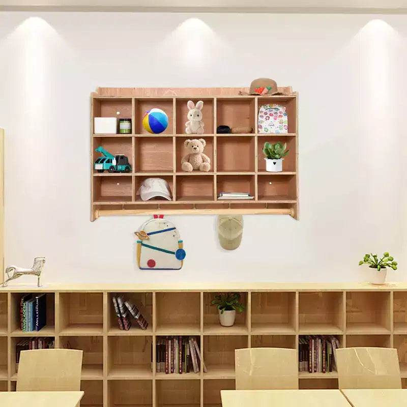 Wall Mount Cubby Storage Organizer,15 Cubbies with Shoe Shelf Hooks 47Inch Width Daycare Shelves for Toys, Classroom Furniture, Kids Room