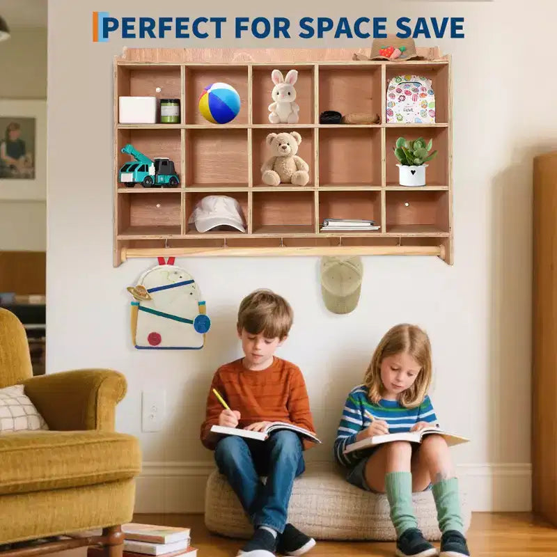 Wall Mount Cubby Storage Organizer,15 Cubbies with Shoe Shelf Hooks 47Inch Width Daycare Shelves for Toys, Classroom Furniture, Kids Room