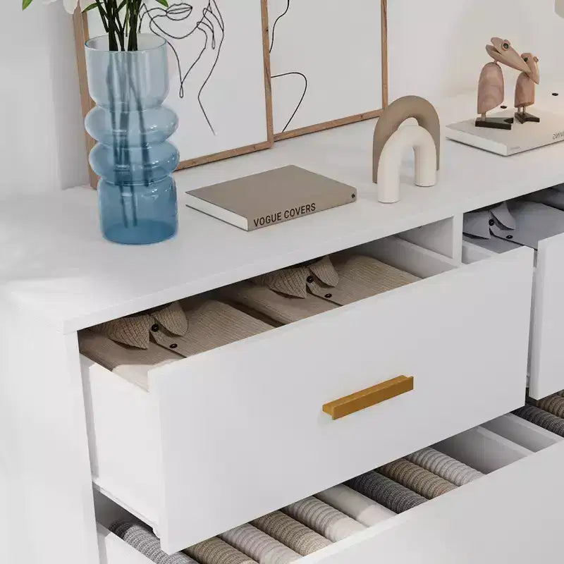 Modern 6 drawer storage chest with gold handles and metal legs for a living room, hallway or entryway