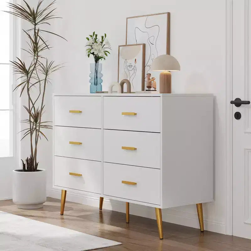 Modern 6 drawer storage chest with gold handles and metal legs for a living room, hallway or entryway