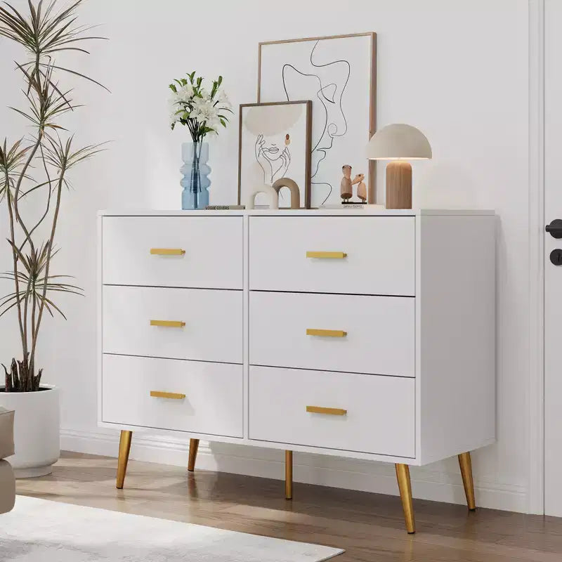 Modern 6 drawer storage chest with gold handles and metal legs for a living room, hallway or entryway