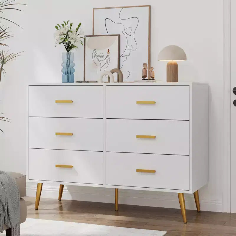 Modern 6 drawer storage chest with gold handles and metal legs for a living room, hallway or entryway