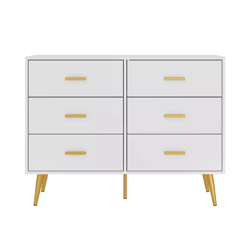 Modern 6 drawer storage chest with gold handles and metal legs for a living room, hallway or entryway