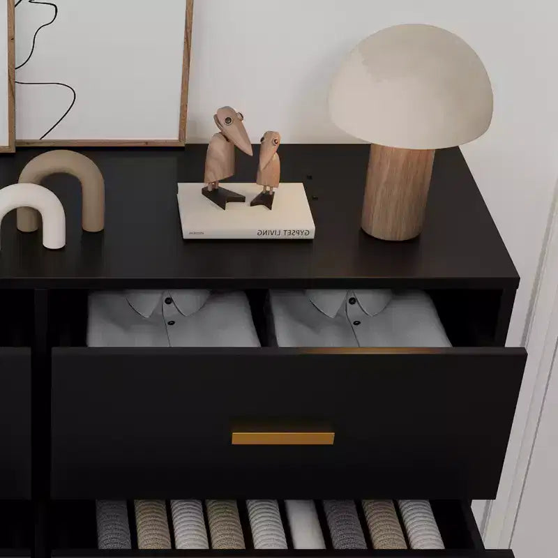 Modern 6 drawer storage chest with gold handles and metal legs for a living room, hallway or entryway
