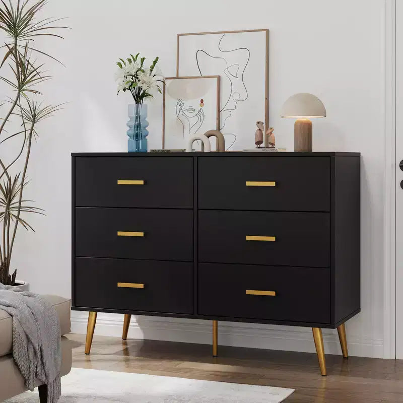 Modern 6 drawer storage chest with gold handles and metal legs for a living room, hallway or entryway