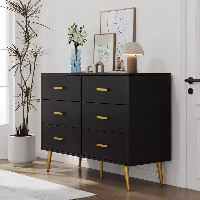 Modern 6 drawer storage chest with gold handles and metal legs for a living room, hallway or entryway