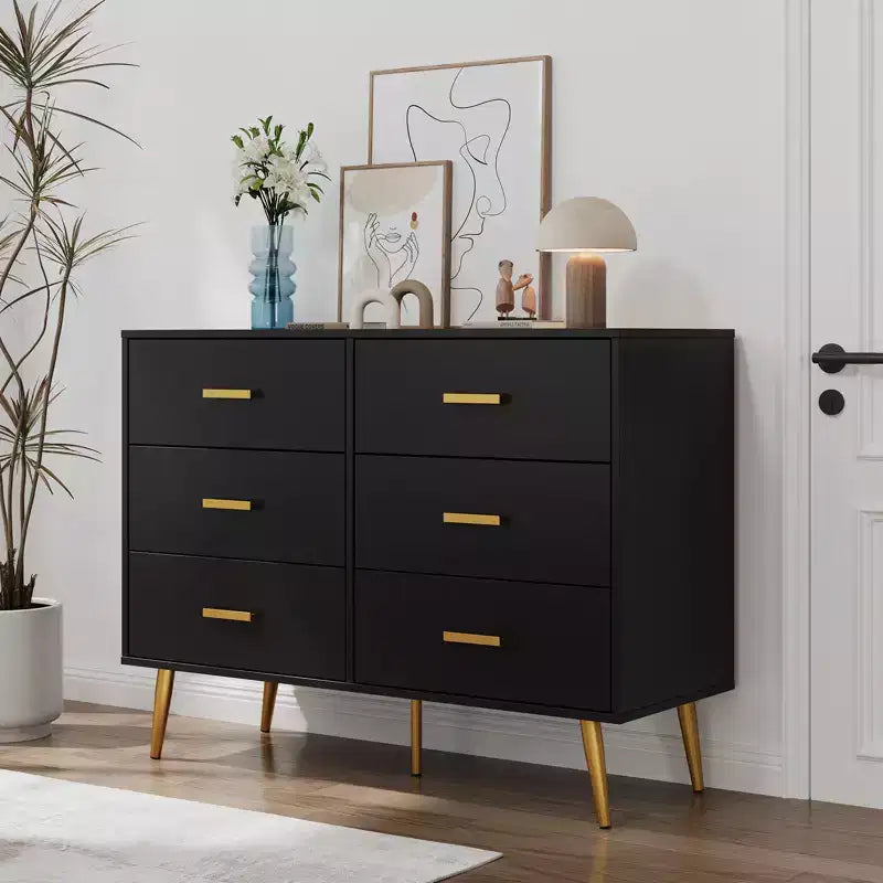 Modern 6 drawer storage chest with gold handles and metal legs for a living room, hallway or entryway
