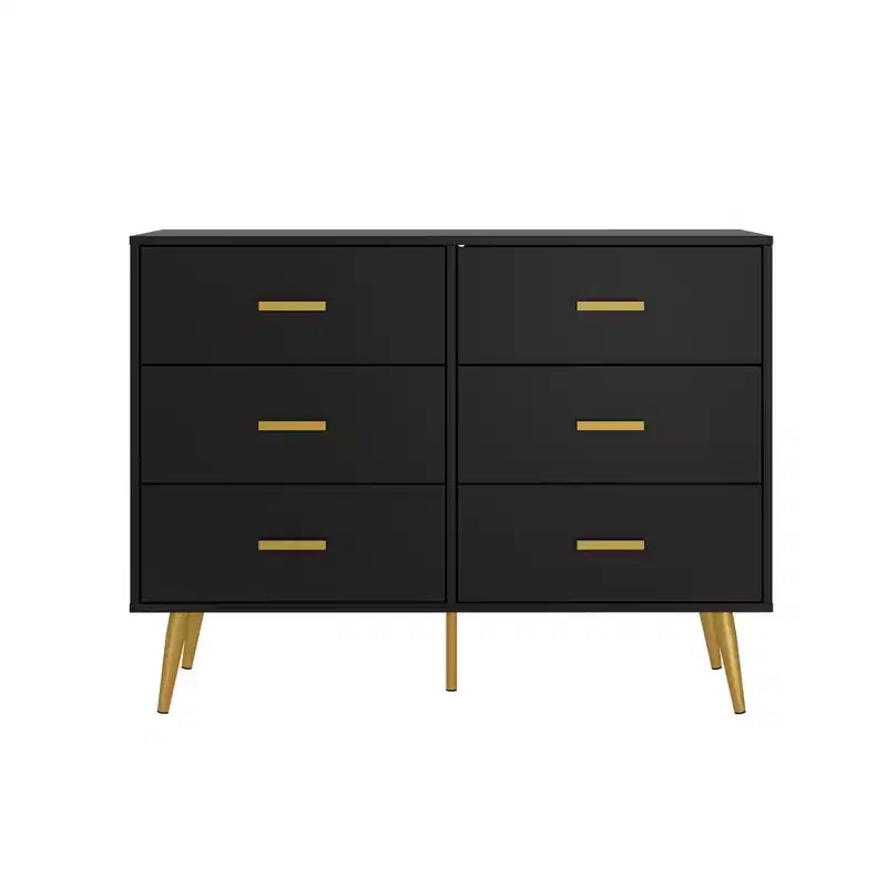 Modern 6 drawer storage chest with gold handles and metal legs for a living room, hallway or entryway