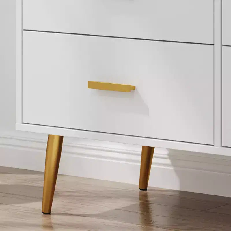 Modern 6 drawer storage chest with gold handles and metal legs for a living room, hallway or entryway