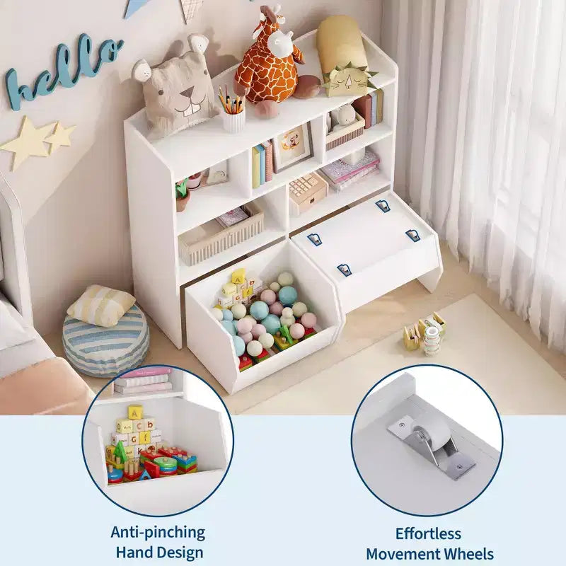 GustoWave Toy Storage Cabinet with Movable Drawers, Kids Bookshelf with Hidden Wheels, Multifunctional Storage Organizer for Playroom