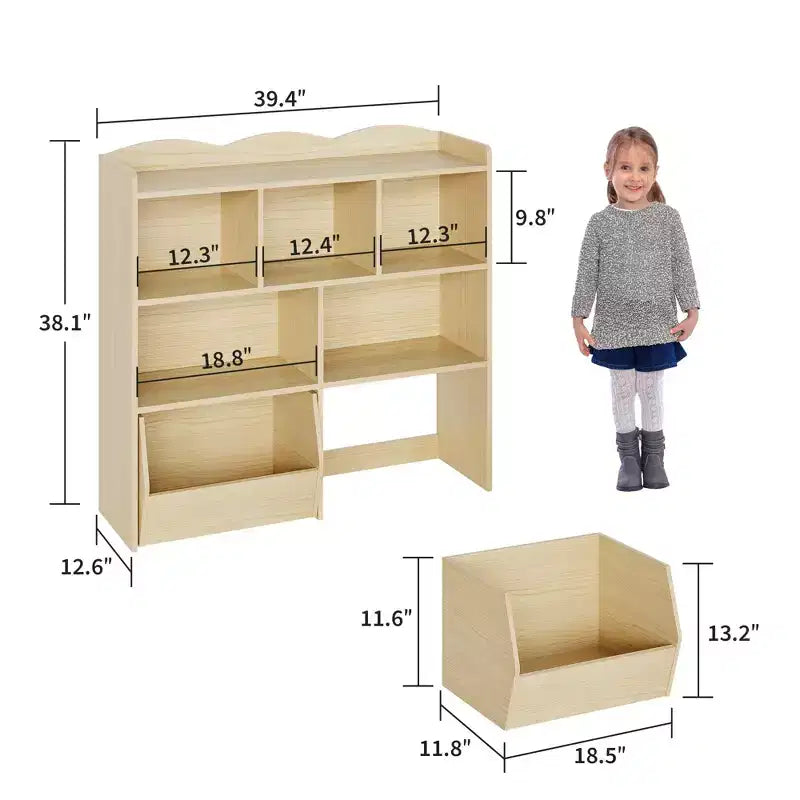 GustoWave Toy Storage Cabinet with Movable Drawers, Kids Bookshelf with Hidden Wheels, Multifunctional Storage Organizer for Playroom