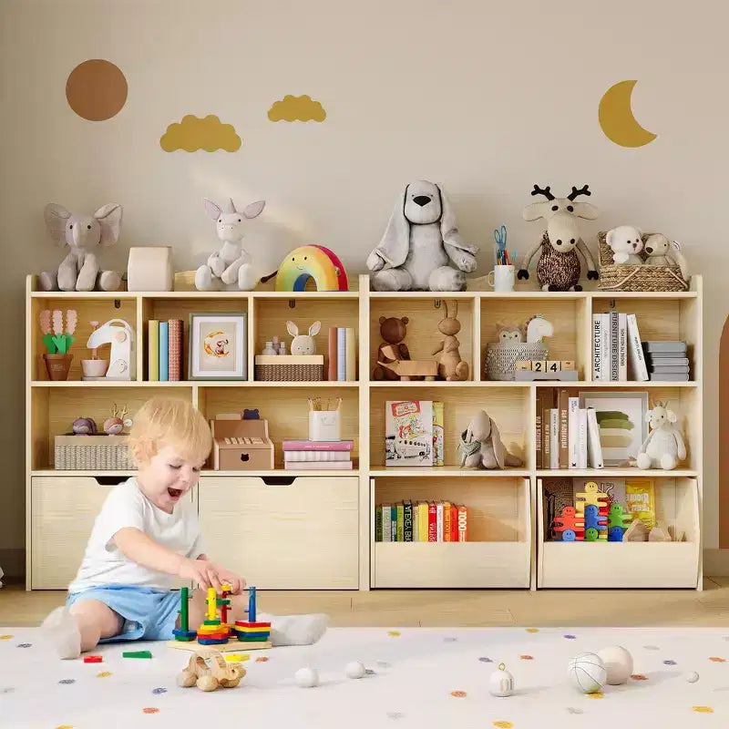 GustoWave Toy Storage Cabinet with Movable Drawers, Kids Bookshelf with Hidden Wheels, Multifunctional Storage Organizer for Playroom