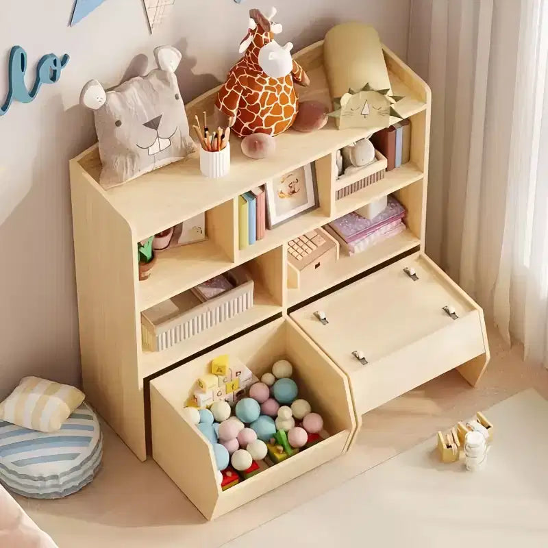 GustoWave Toy Storage Cabinet with Movable Drawers, Kids Bookshelf with Hidden Wheels, Multifunctional Storage Organizer for Playroom
