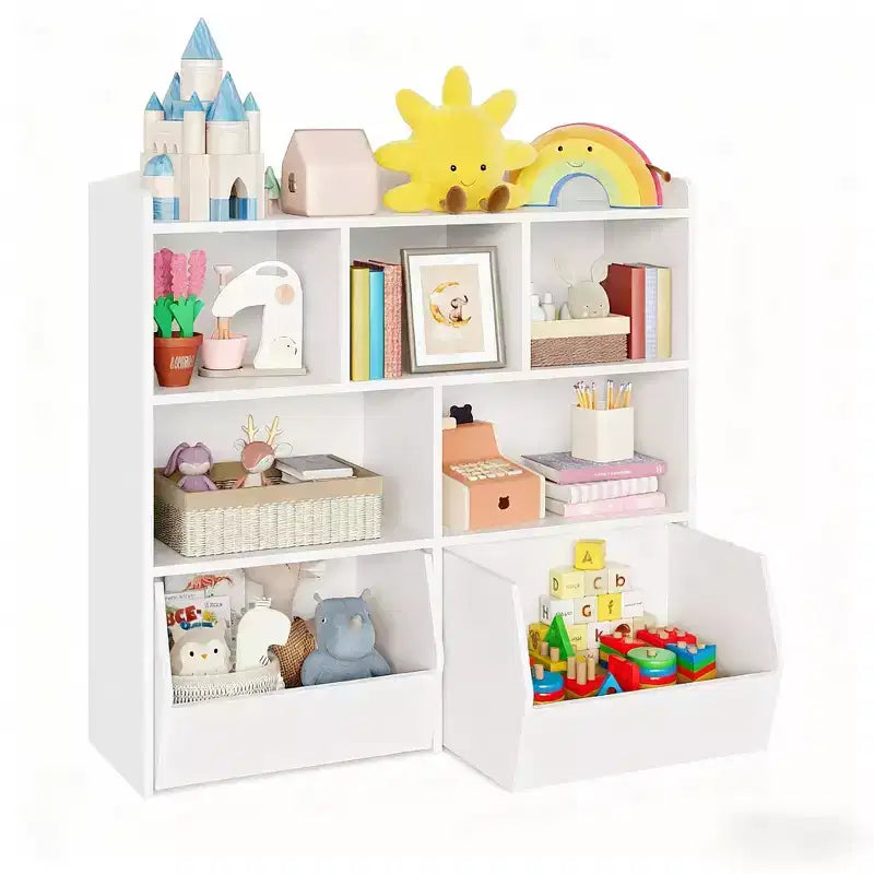 GustoWave Toy Storage Cabinet with Movable Drawers, Kids Bookshelf with Hidden Wheels, Multifunctional Storage Organizer for Playroom