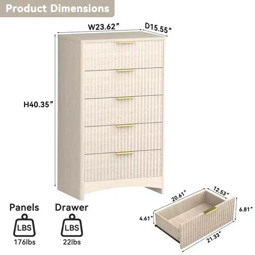5-Drawer Tall Wooden Dresser, Smooth Gliding Drawers Large Capacity Storage Space, Modern Organizer Cabinet for Bedroom or Hallway