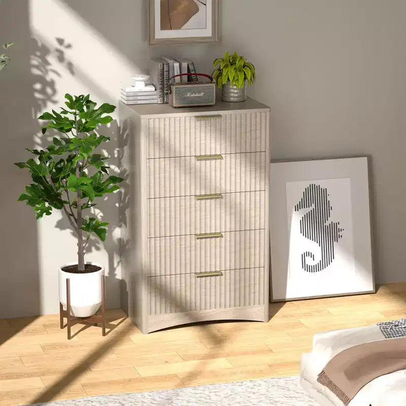 5-Drawer Tall Wooden Dresser, Smooth Gliding Drawers Large Capacity Storage Space, Modern Organizer Cabinet for Bedroom or Hallway