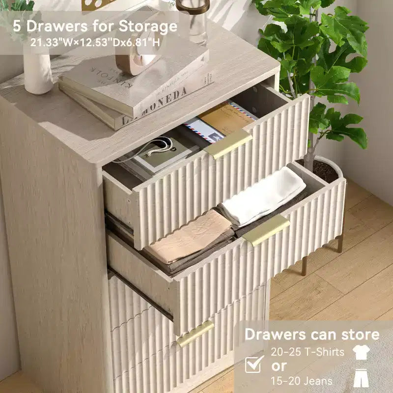 5-Drawer Tall Wooden Dresser, Smooth Gliding Drawers Large Capacity Storage Space, Modern Organizer Cabinet for Bedroom or Hallway