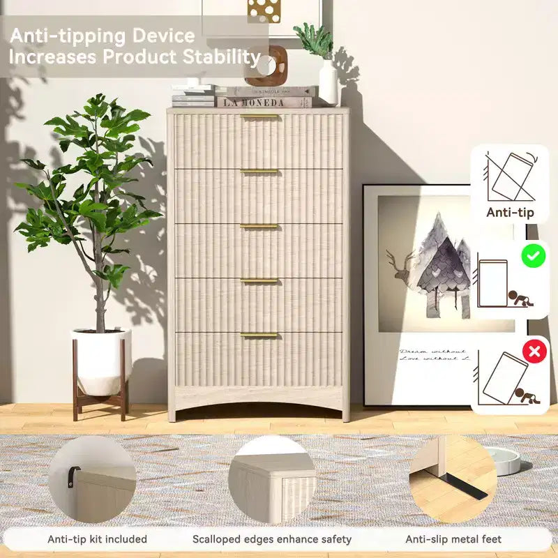 5-Drawer Tall Wooden Dresser, Smooth Gliding Drawers Large Capacity Storage Space, Modern Organizer Cabinet for Bedroom or Hallway