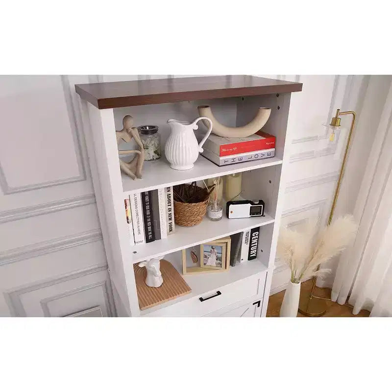 Tall Bookshelf with Drawer, White Bookshelf, 3-Tier Open Shelves, 2 Adjustable Shelves, Large Bookcase , Home