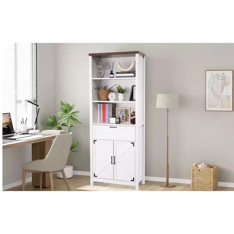 Tall Bookshelf with Drawer, White Bookshelf, 3-Tier Open Shelves, 2 Adjustable Shelves, Large Bookcase , Home
