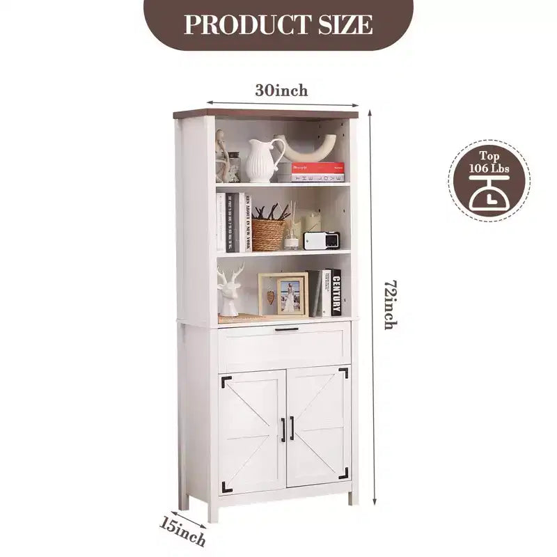 Tall Bookshelf with Drawer, White Bookshelf, 3-Tier Open Shelves, 2 Adjustable Shelves, Large Bookcase , Home