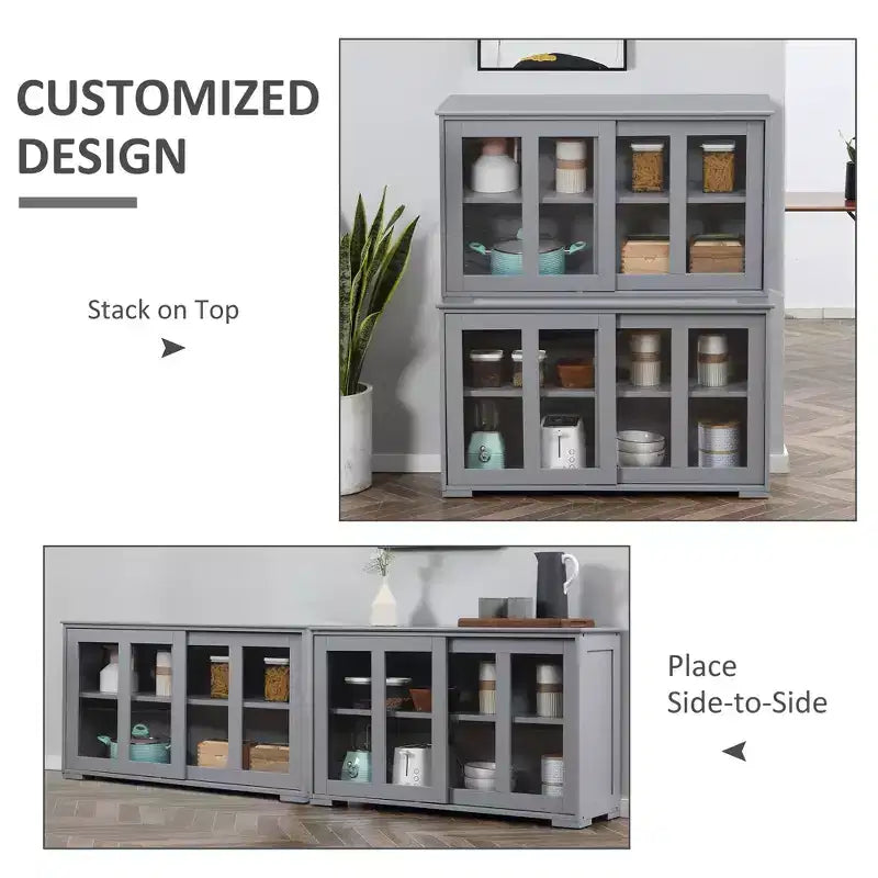 Sideboard Buffet Cabinet, Stackable Credenza Bar Cabinet with Sliding Glass Door and Adjustable Shelf
