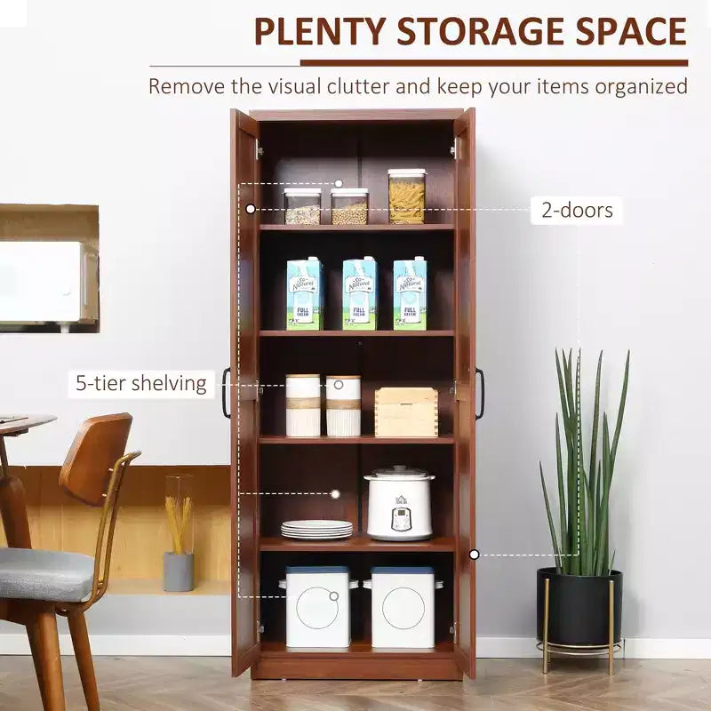 63 2-Door Kitchen Pantry, Freestanding Storage Cabinet with 5-tier Shelving and 2 Adjustable Shelves for Dining Room