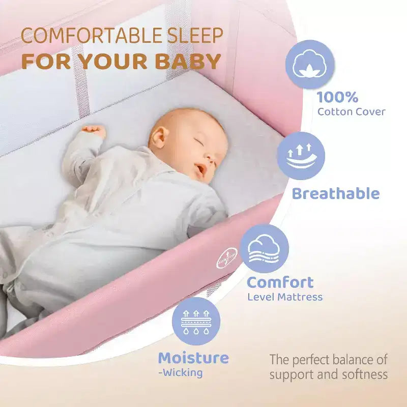 JOYMOR Baby Bedside Bassinet, Baby Bassinet, Pack n Play Convert Playpen, Quick Foldable Travel Bed, Wheels & Brake, Carry Bag for Boys Girls (Pink)