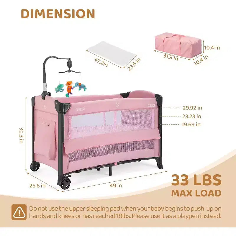 JOYMOR Baby Bedside Bassinet, Baby Bassinet, Pack n Play Convert Playpen, Quick Foldable Travel Bed, Wheels & Brake, Carry Bag for Boys Girls (Pink)