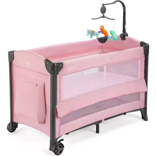 JOYMOR Baby Bedside Bassinet, Baby Bassinet, Pack n Play Convert Playpen, Quick Foldable Travel Bed, Wheels & Brake, Carry Bag for Boys Girls (Pink)