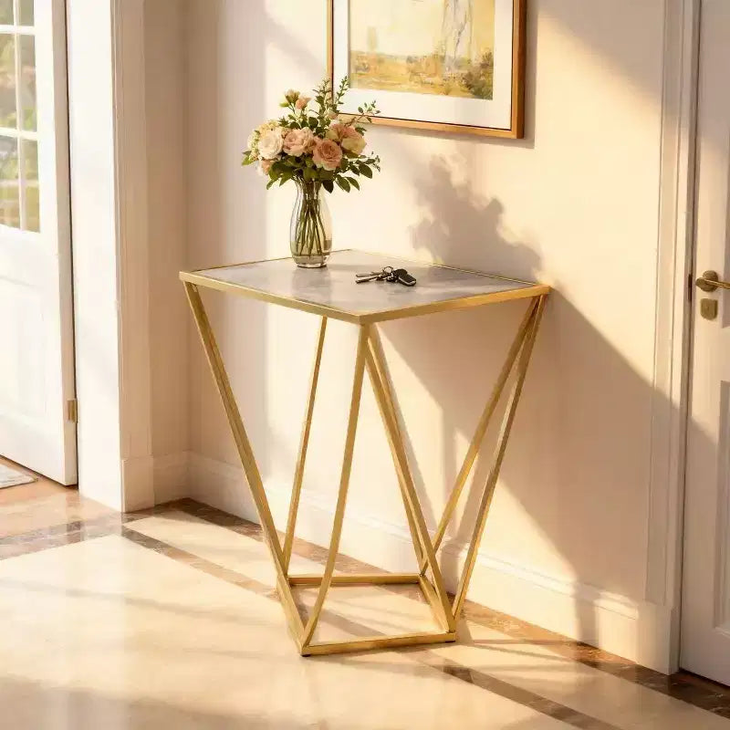 Homy Casa Geometric Iron Frame End Table with Faux Marble Top, Gold