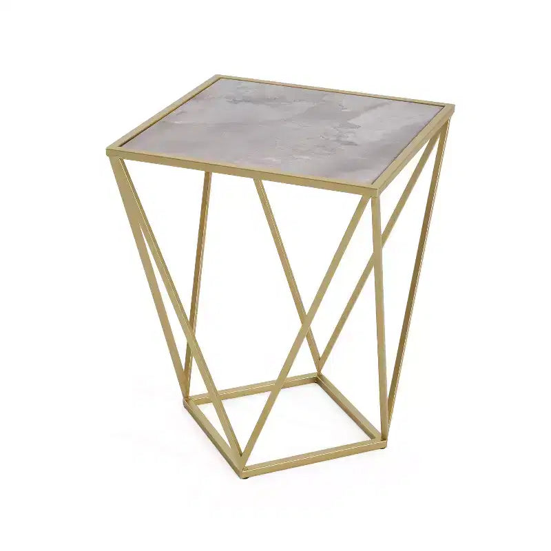 Homy Casa Geometric Iron Frame End Table with Faux Marble Top, Gold