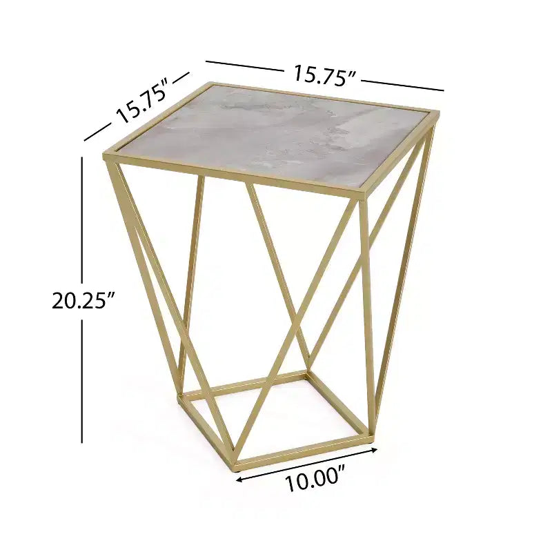 Homy Casa Geometric Iron Frame End Table with Faux Marble Top, Gold