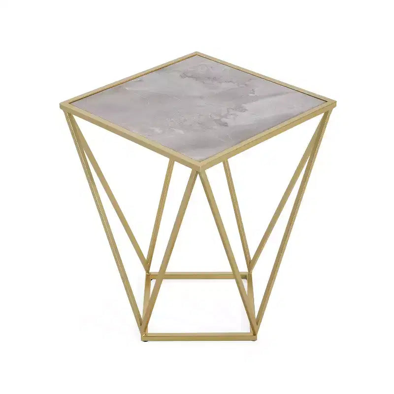 Homy Casa Geometric Iron Frame End Table with Faux Marble Top, Gold