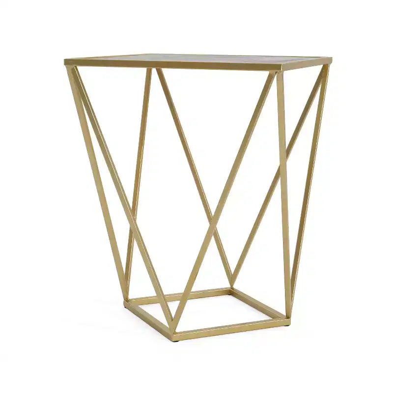 Homy Casa Geometric Iron Frame End Table with Faux Marble Top, Gold