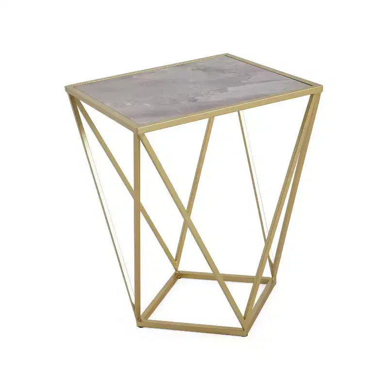 Homy Casa Geometric Iron Frame End Table with Faux Marble Top, Gold