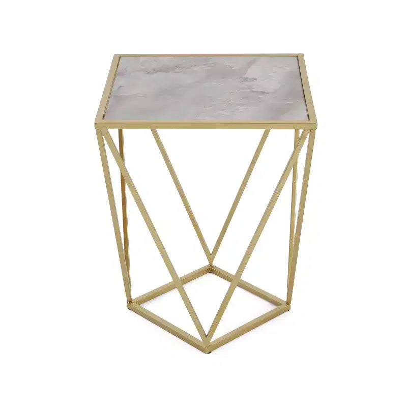 Homy Casa Geometric Iron Frame End Table with Faux Marble Top, Gold