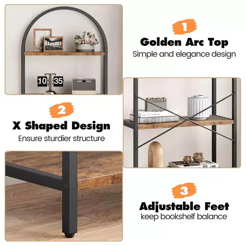 70.8 Tall 5 Tier Arched Bookcase, Tall Shelf for CDs/Books, Home Office Shelf Storage Organizer, Modern Book Shelf for Bedroom & Living