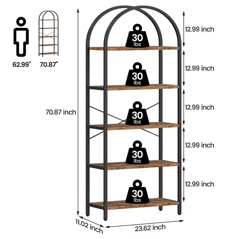 70.8 Tall 5 Tier Arched Bookcase, Tall Shelf for CDs/Books, Home Office Shelf Storage Organizer, Modern Book Shelf for Bedroom & Living