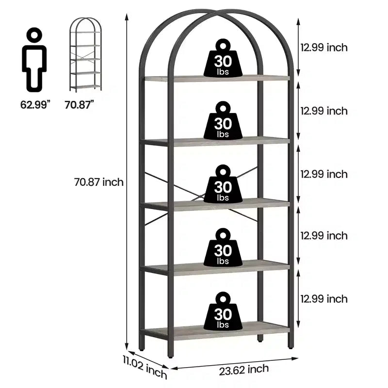 70.8 Tall 5 Tier Arched Bookcase, Tall Shelf for CDs/Books, Home Office Shelf Storage Organizer, Modern Book Shelf for Bedroom & Living