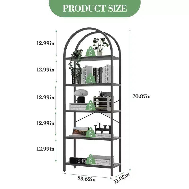 70.8 Tall 5 Tier Arched Bookcase, Tall Shelf for CDs/Books, Home Office Shelf Storage Organizer, Modern Book Shelf for Bedroom & Living