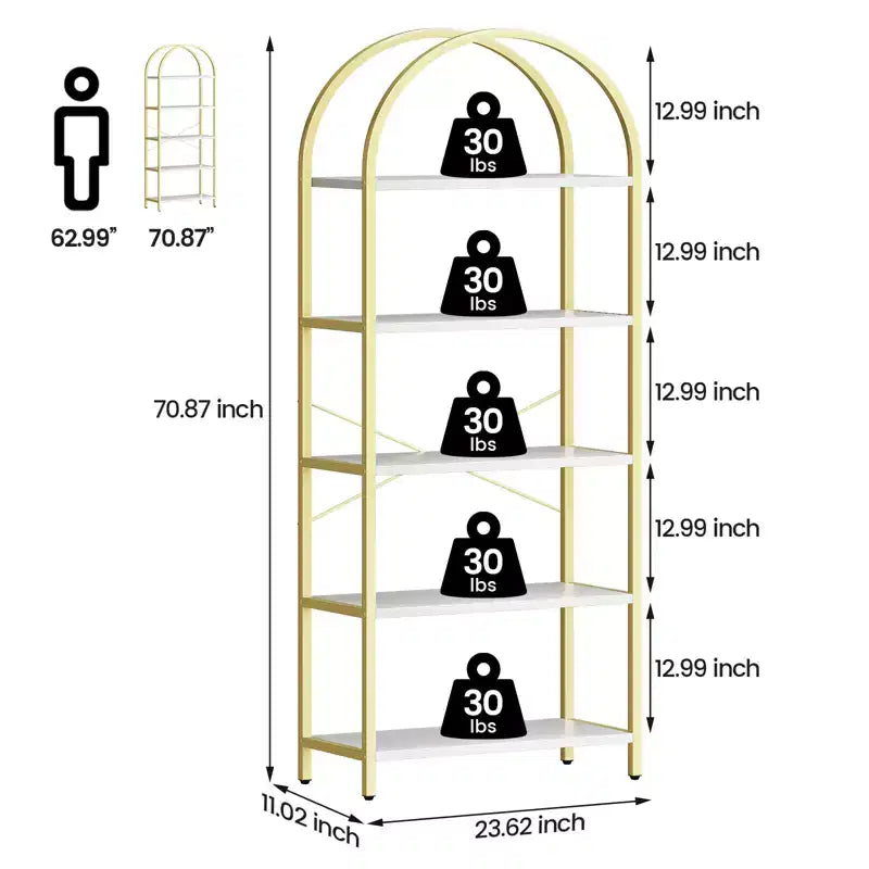 70.8 Tall 5 Tier Arched Bookcase, Tall Shelf for CDs/Books, Home Office Shelf Storage Organizer, Modern Book Shelf for Bedroom & Living