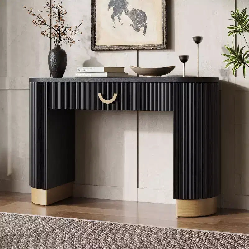 Okak Modern Console Table with Vertical Ribbed Design, Entryway Table with 1 Large Drawer and Metal Handle, Sofa Table for Living Room, Black+Gold