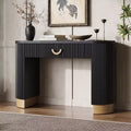 Okak Modern Console Table with Vertical Ribbed Design, Entryway Table with 1 Large Drawer and Metal Handle, Sofa Table for Living Room, Black+Gold