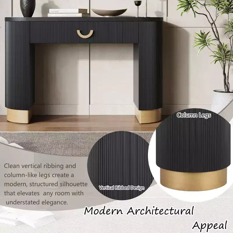 Okak Modern Console Table with Vertical Ribbed Design, Entryway Table with 1 Large Drawer and Metal Handle, Sofa Table for Living Room, Black+Gold