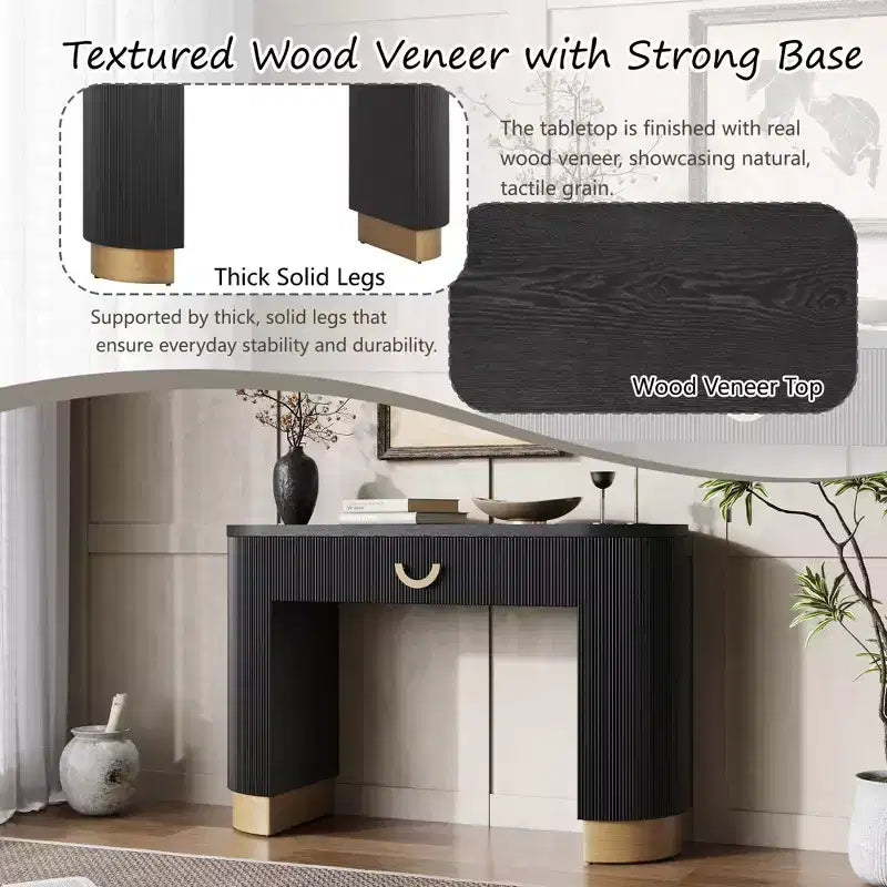 Okak Modern Console Table with Vertical Ribbed Design, Entryway Table with 1 Large Drawer and Metal Handle, Sofa Table for Living Room, Black+Gold