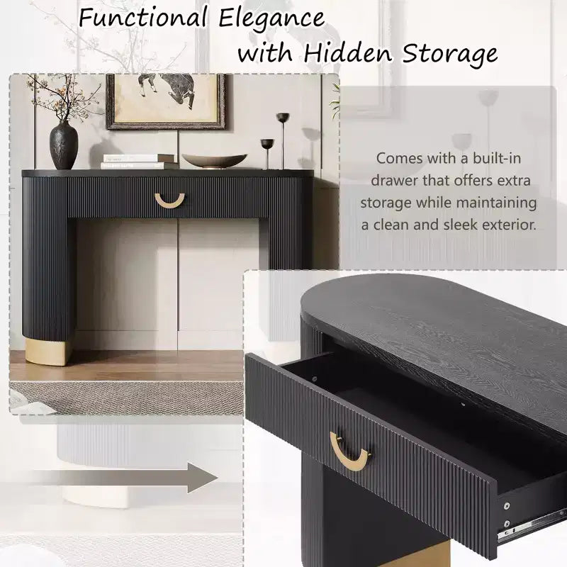 Okak Modern Console Table with Vertical Ribbed Design, Entryway Table with 1 Large Drawer and Metal Handle, Sofa Table for Living Room, Black+Gold