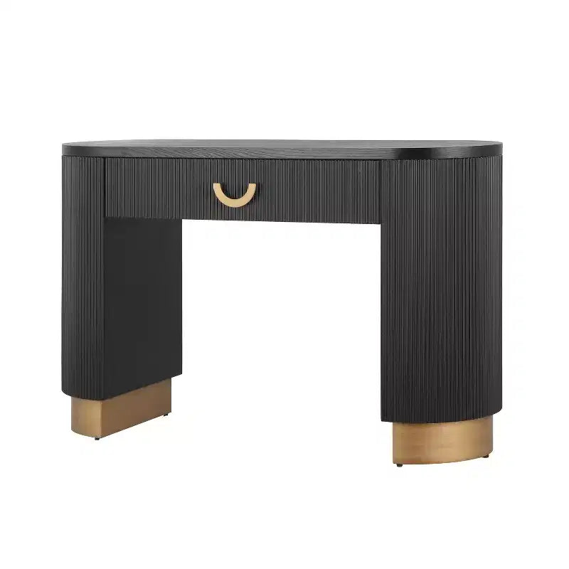 Okak Modern Console Table with Vertical Ribbed Design, Entryway Table with 1 Large Drawer and Metal Handle, Sofa Table for Living Room, Black+Gold