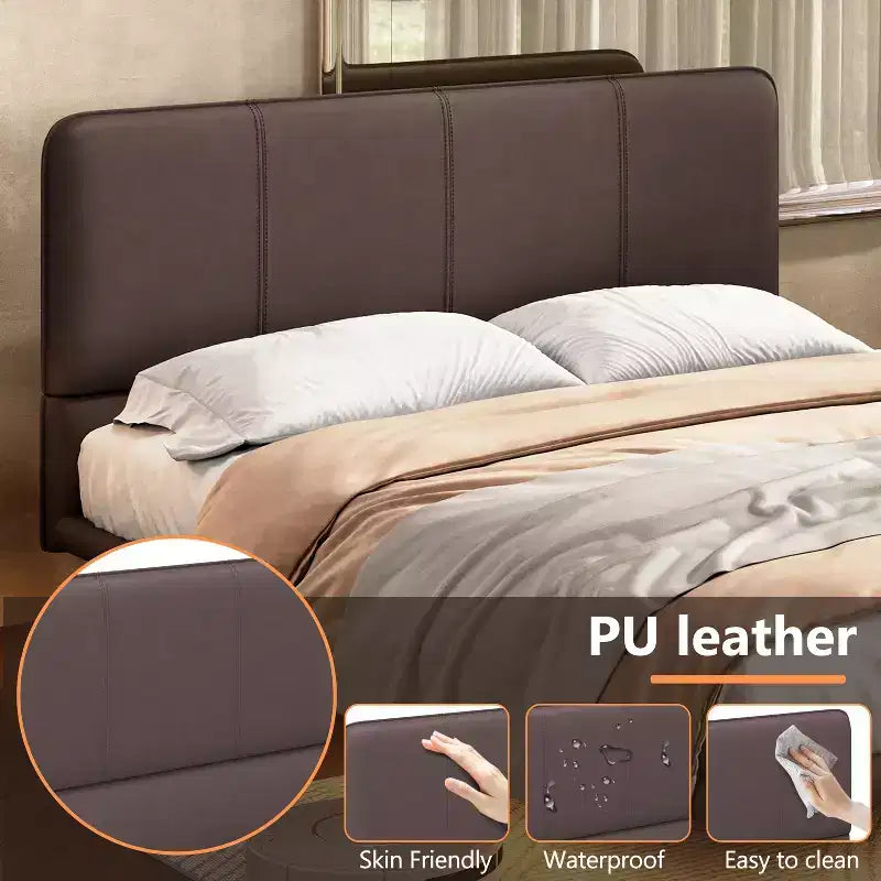 Okak Queen/Full Bedroom Floating Bed Frame with PU Leather Headboard & LED Light,Modern Platform Bed No Box Spring Needed