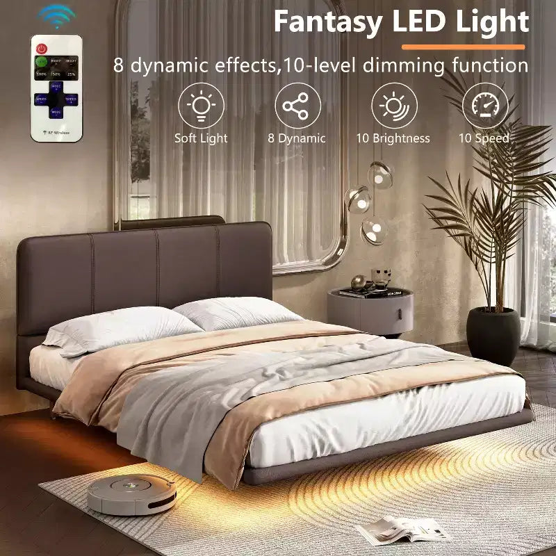 Okak Queen/Full Bedroom Floating Bed Frame with PU Leather Headboard & LED Light,Modern Platform Bed No Box Spring Needed